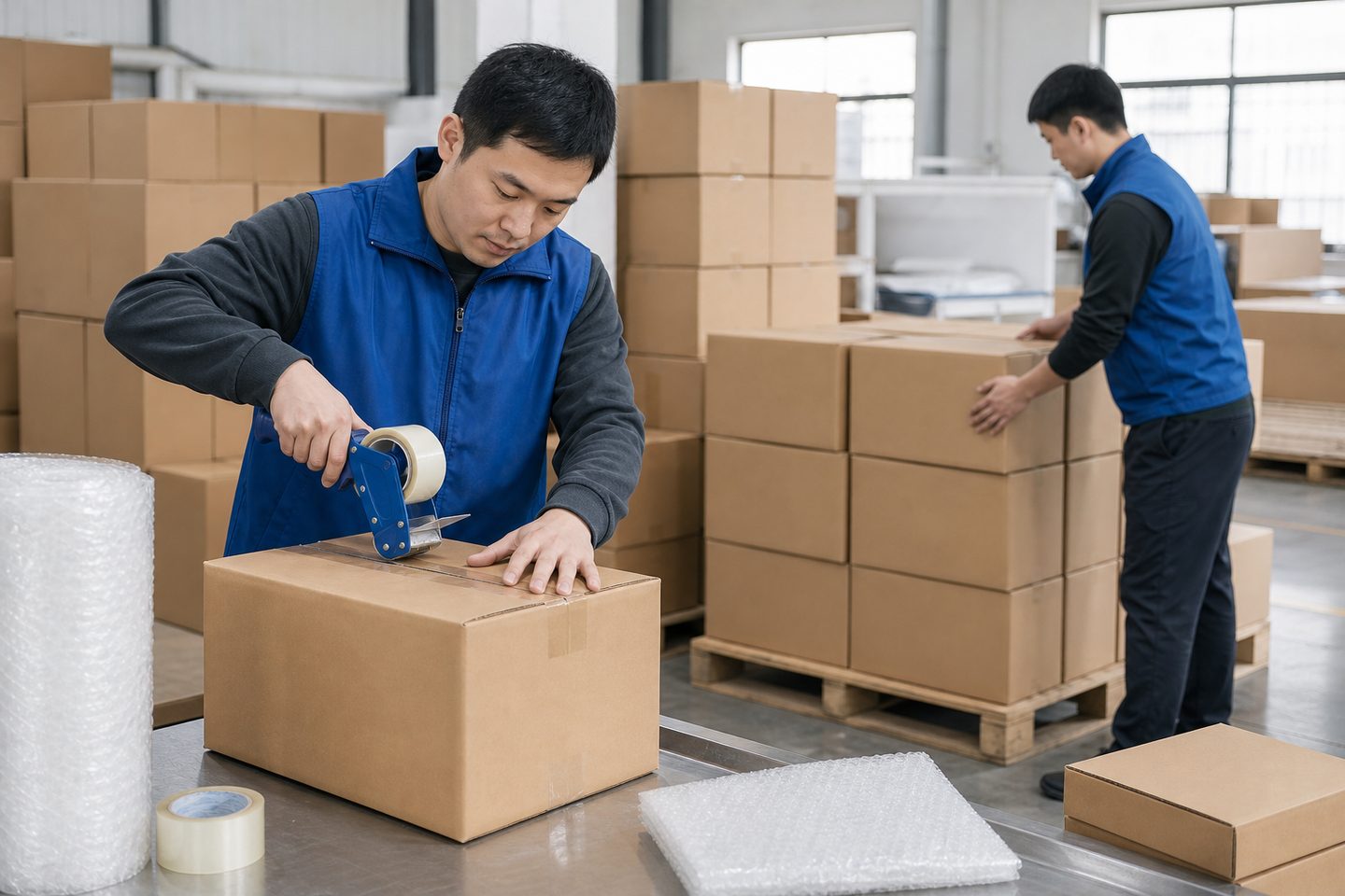 Worker sealing a carton while filled cartons are stacked on a pallet for dispatch
