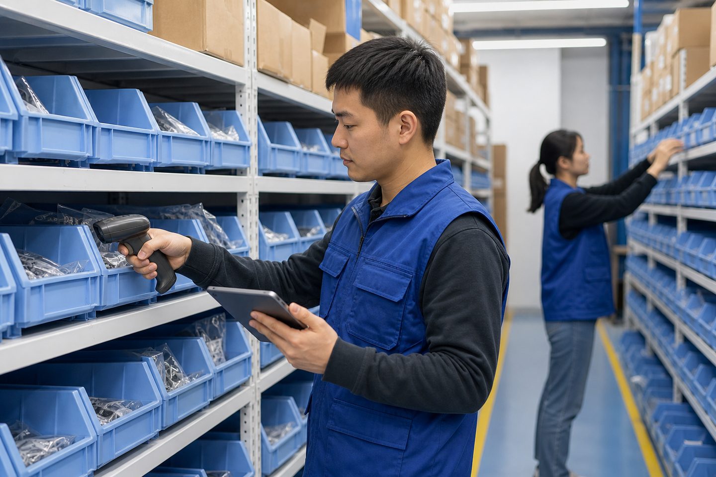 Warehouse shelving with labelled storage bins being scanned for model-based picking