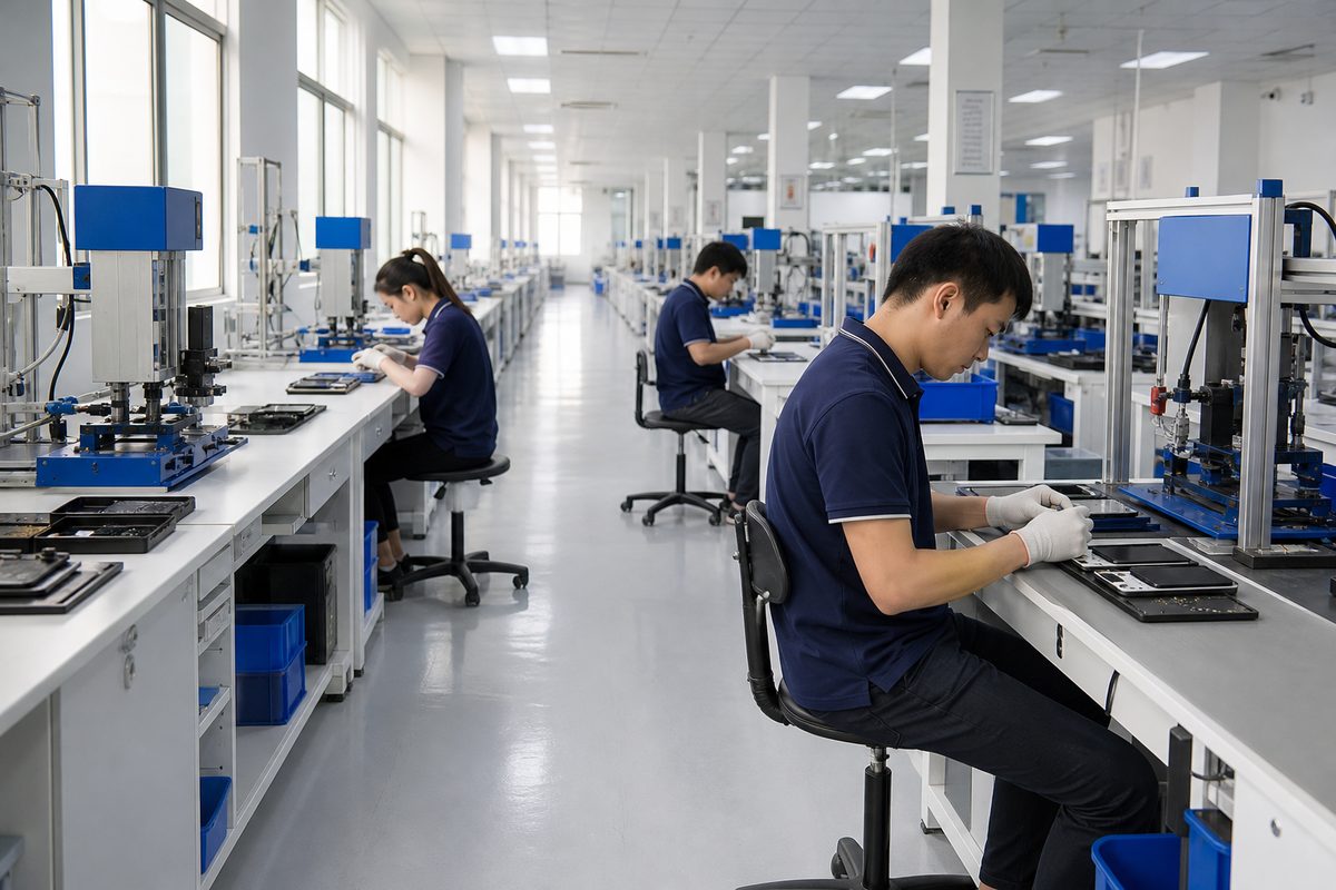 Technicians assembling phone parts on a clean factory line