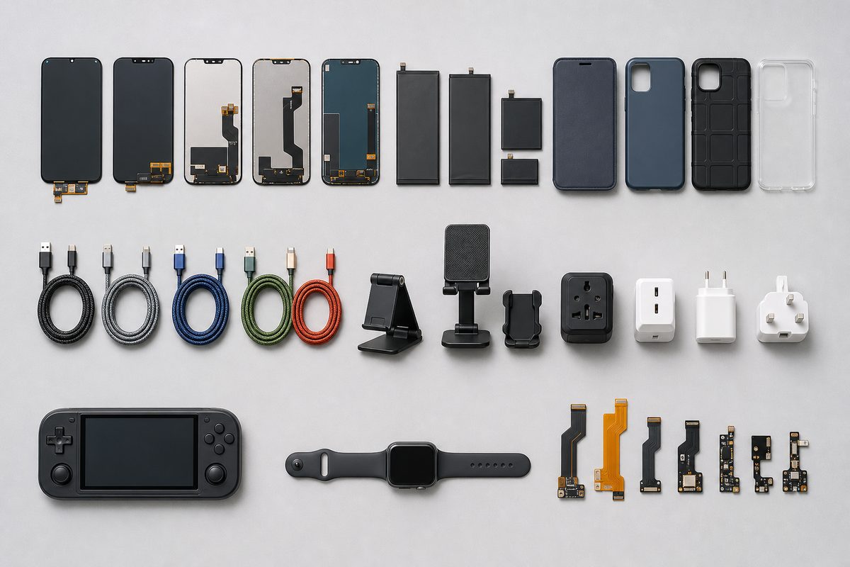 Flat lay of screen assemblies, batteries, cases, cables, holders, adapters, a handheld console, a smart watch and flex cables