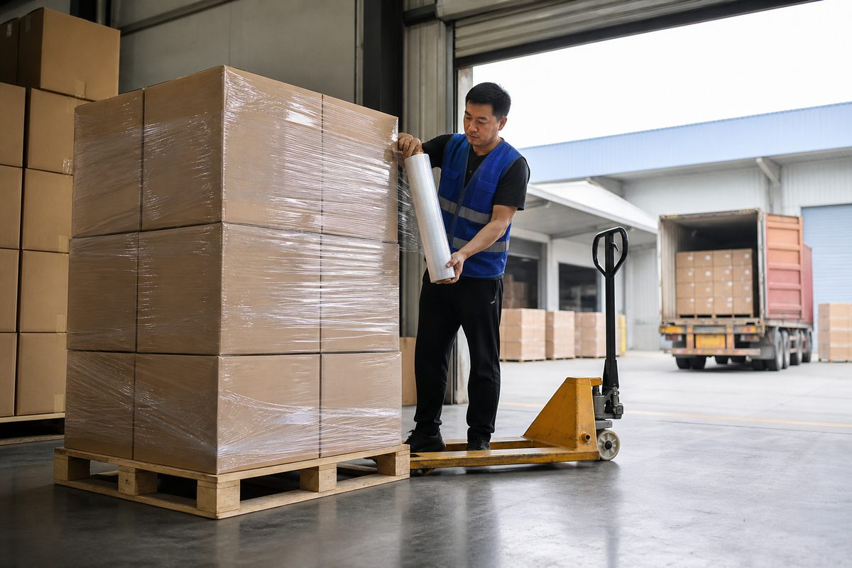 Stretch-wrapped export pallet and pallet jack in a dispatch bay