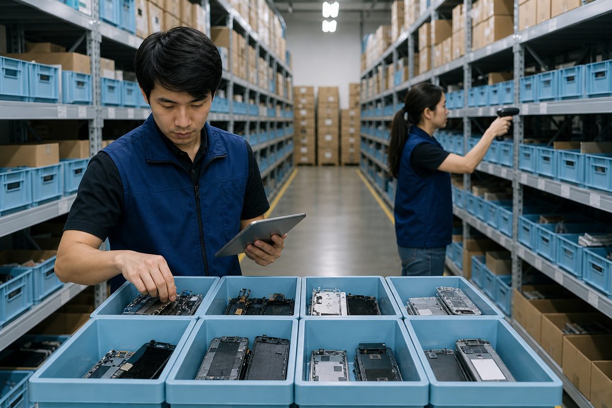 Warehouse worker counting phone parts into labelled storage bins