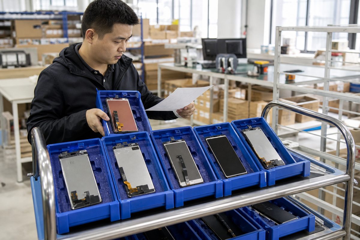 Picking trolley with trays holding different phone screen assemblies