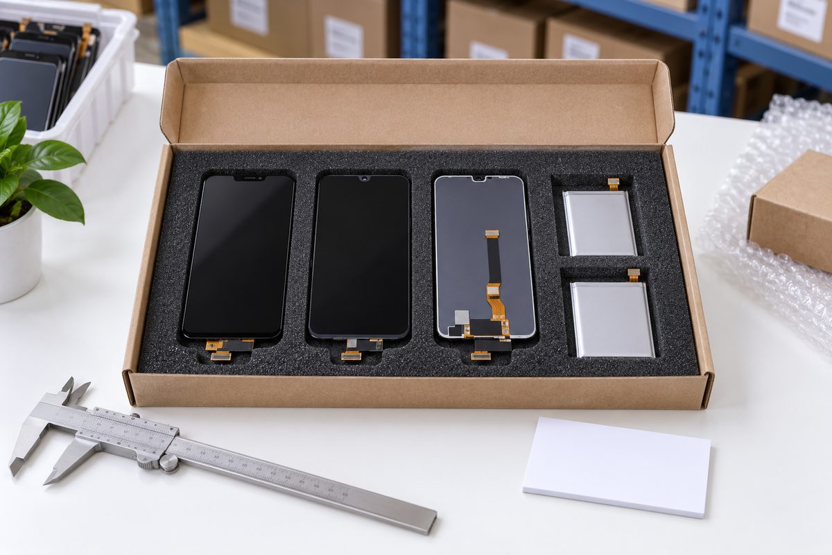 Open sample case with phone screens in protective foam and a calliper