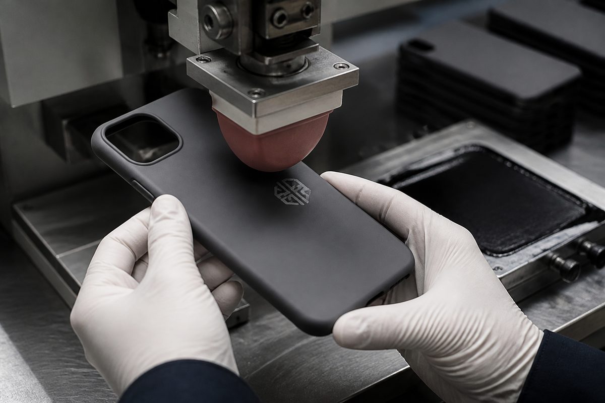 Pad-printing an emblem onto a phone case at a printing station