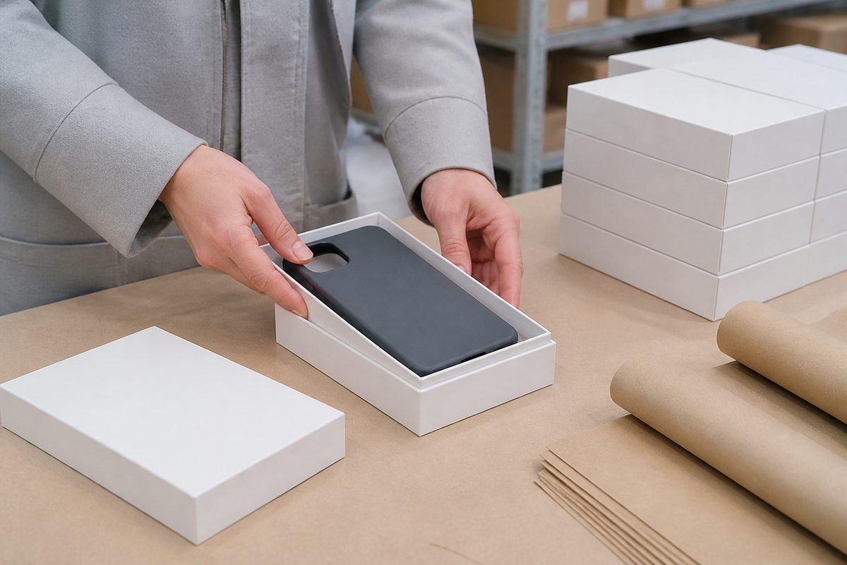 Hands placing a phone case into a plain white retail box