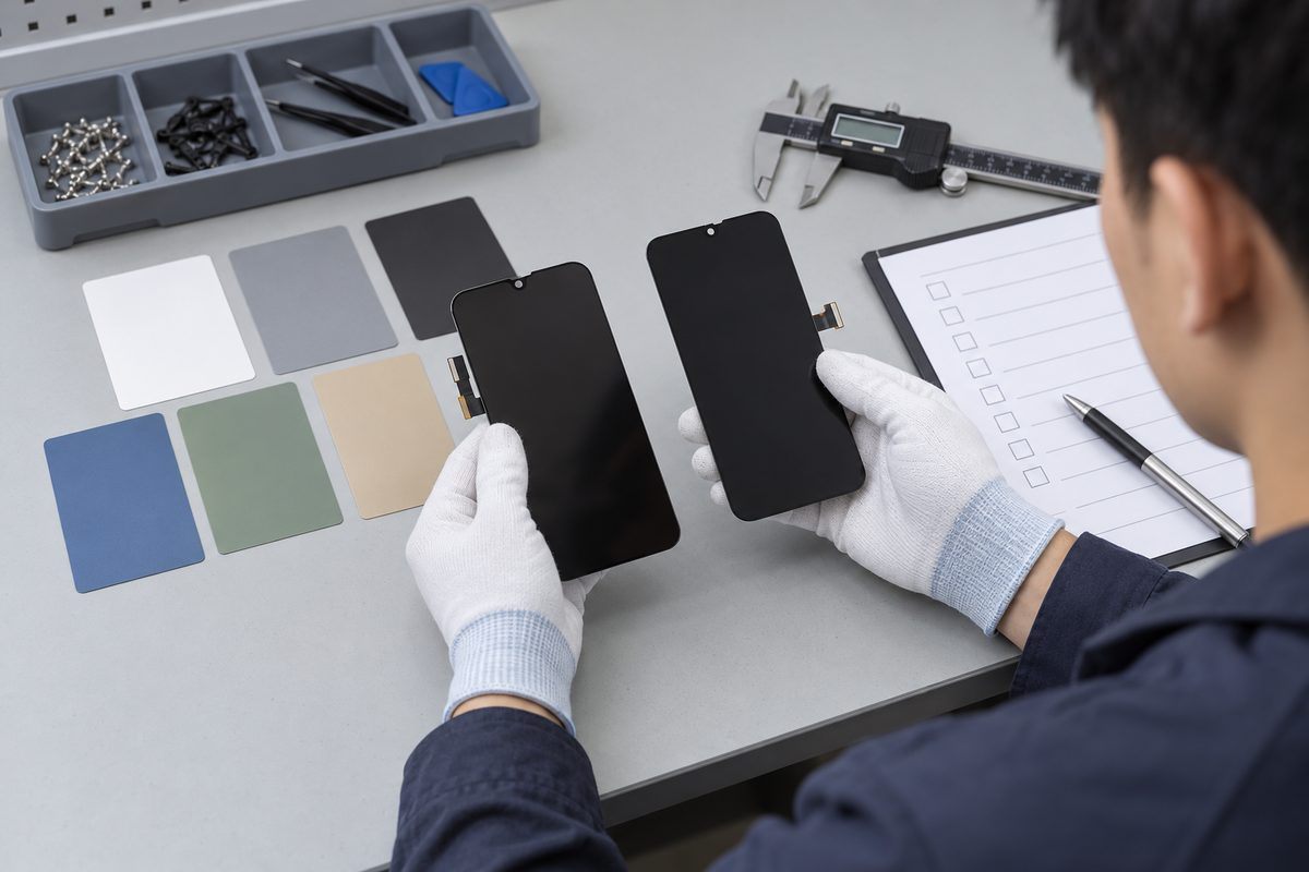 Technician comparing screen assemblies against colour swatches