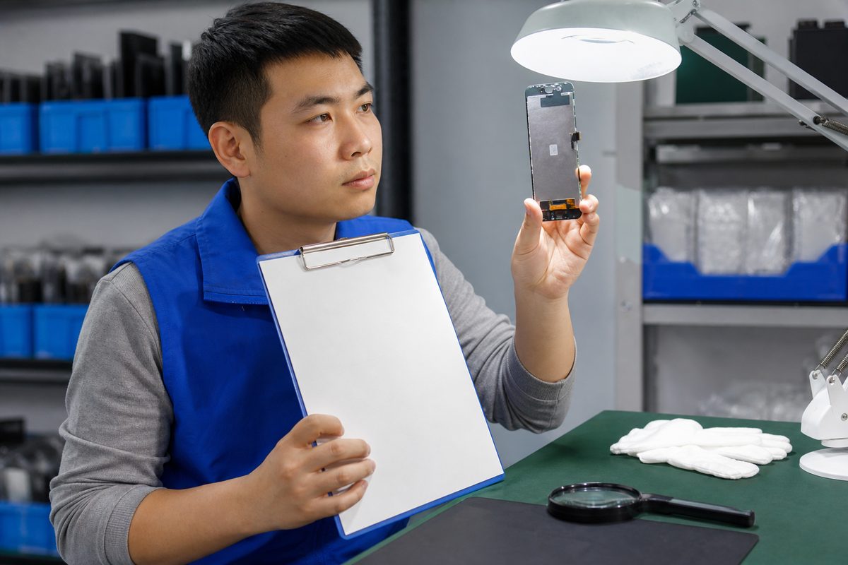 QC technician inspecting a screen assembly under a task lamp