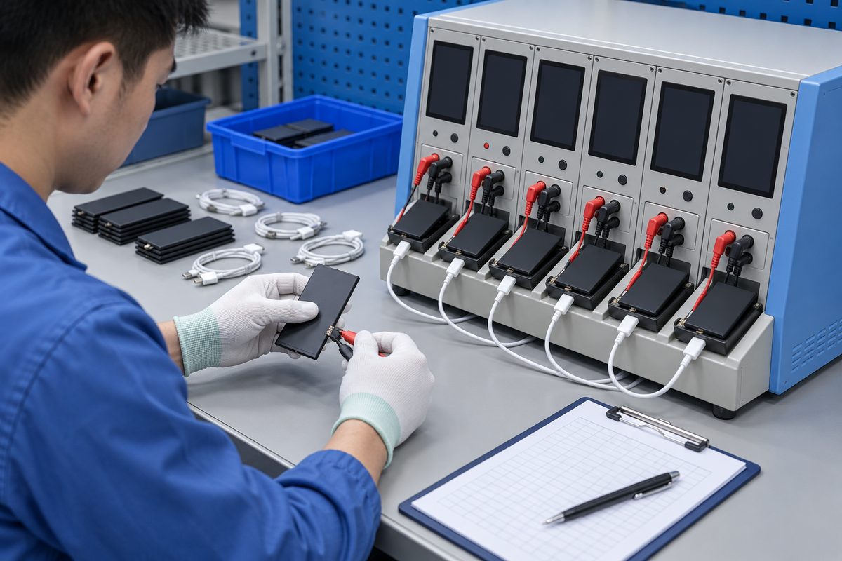Batteries and cables clipped into a multi-channel test rig