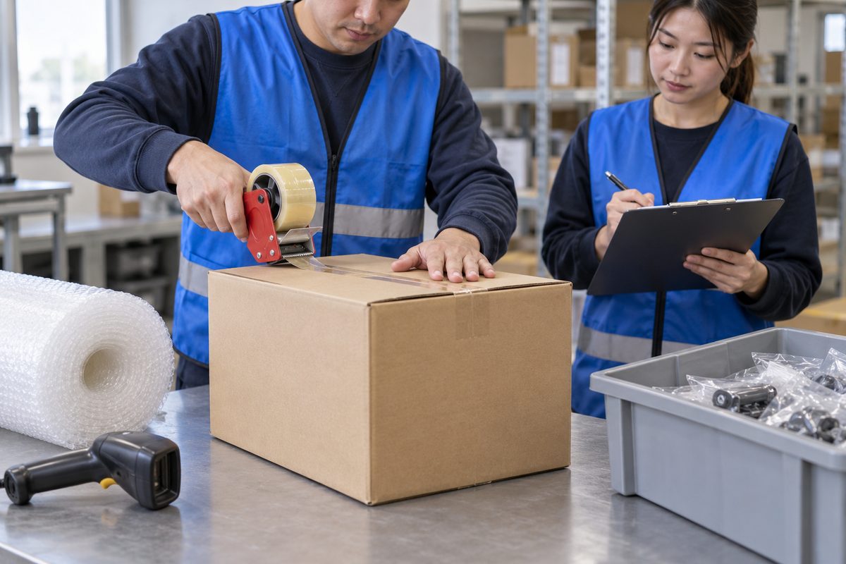 Worker sealing a carton while a colleague ticks a checklist