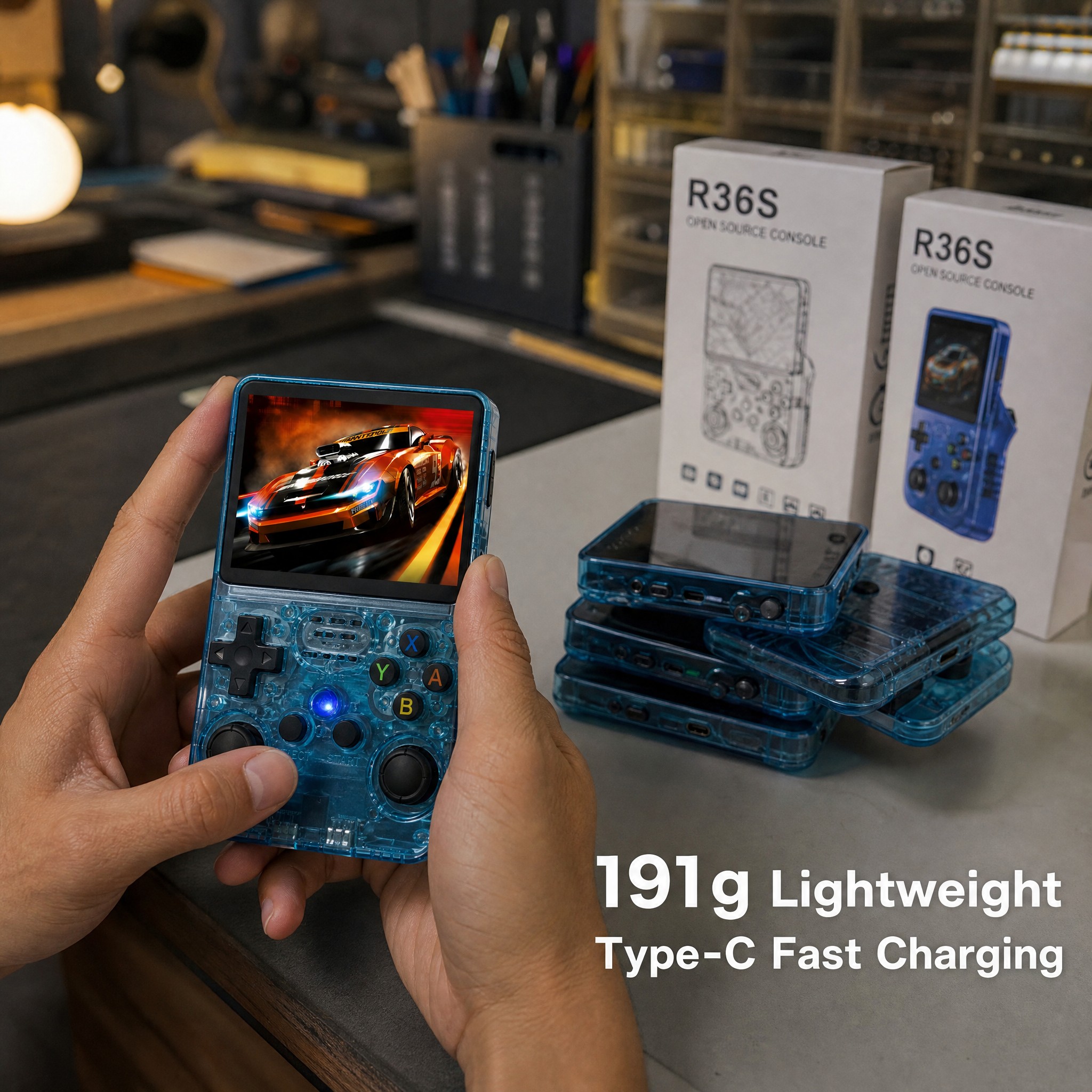 L36 Ultra Open Source Handheld Game Console Transparent Blue RK3326 ARKOS 640X480 Retro Arcade RPG Type C Fast Charging 191g