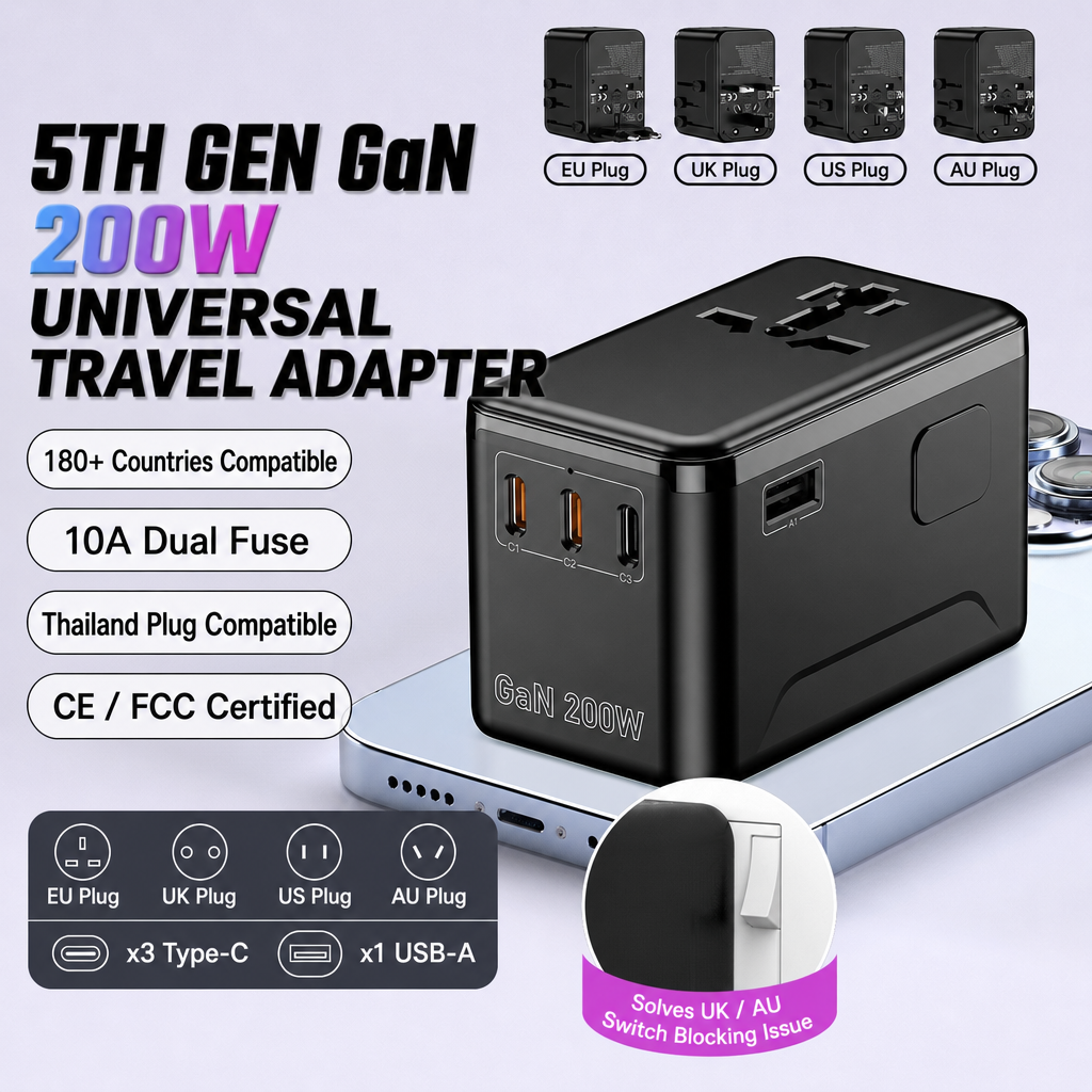 200W GaN Universal Travel Adapter 3 Type-C 1 USB-A EU UK US AU Plug Converter for 180 Countries