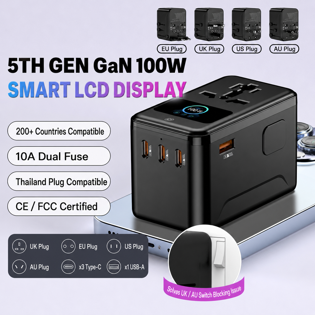 200W GaN PD Fast Charging Adapter Digital Display USB-C USB-A Multiport Universal Travel Plug Conversion