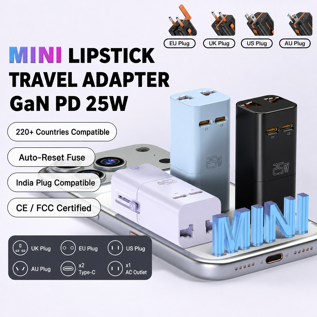 Mini Lipstick Travel Adapter GaN PD 25W Charger 110-250V 5V5A Dual Type-C AC Outlet Multi-Country Converter