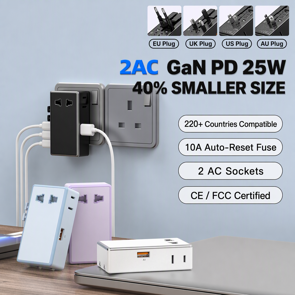 Ultra Thin GaN PD 25W Multi-Country Travel Adapter Universal Plug Converter 2 AC Sockets 110-250V Fast Charging