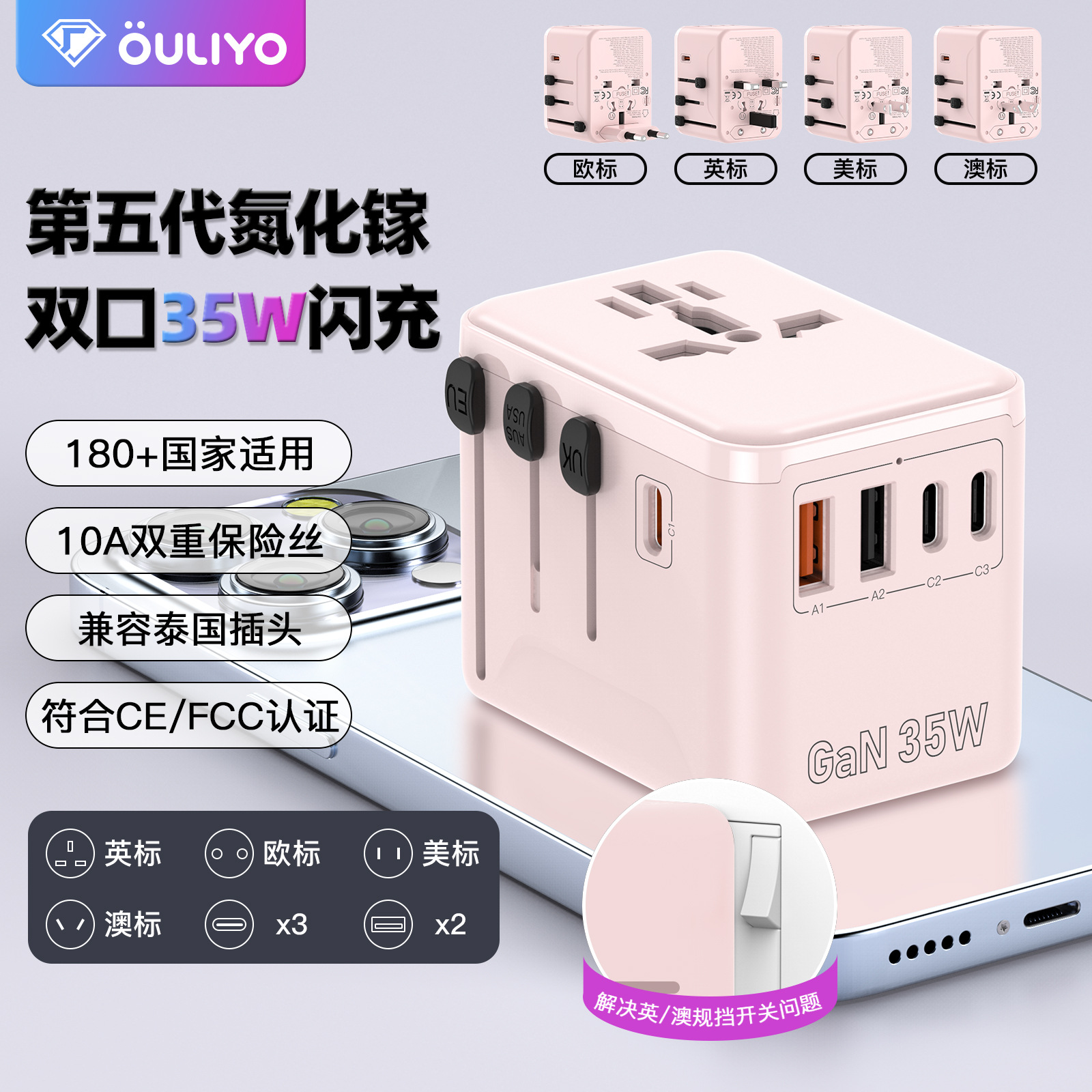 Gallium Nitride 35W PD Fast Charging Multi-Function Travel Adapter Power Strip USB-A/USB-C Conversion Plug Dual Safety Fuse