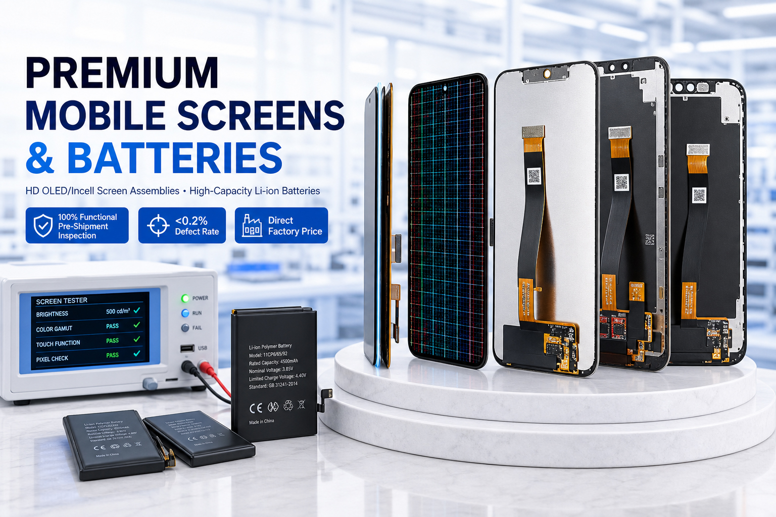 Core phone screen assemblies and high-capacity batteries, tested and selected